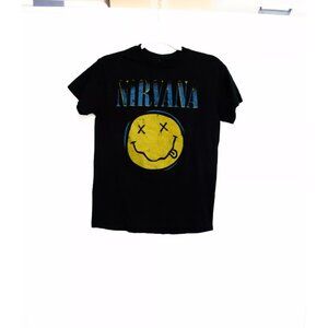 Nirvana Mens Black Cotton Graphic Tee Casual Crew Neck Pullover Short Sleeve S